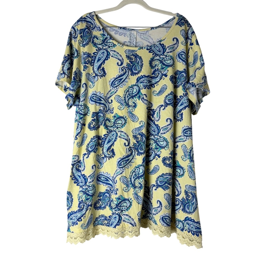 Kim Rogers Curvy Tunic Womens 2X Yellow Paisley Crochet Lace Trim Cotton Top
